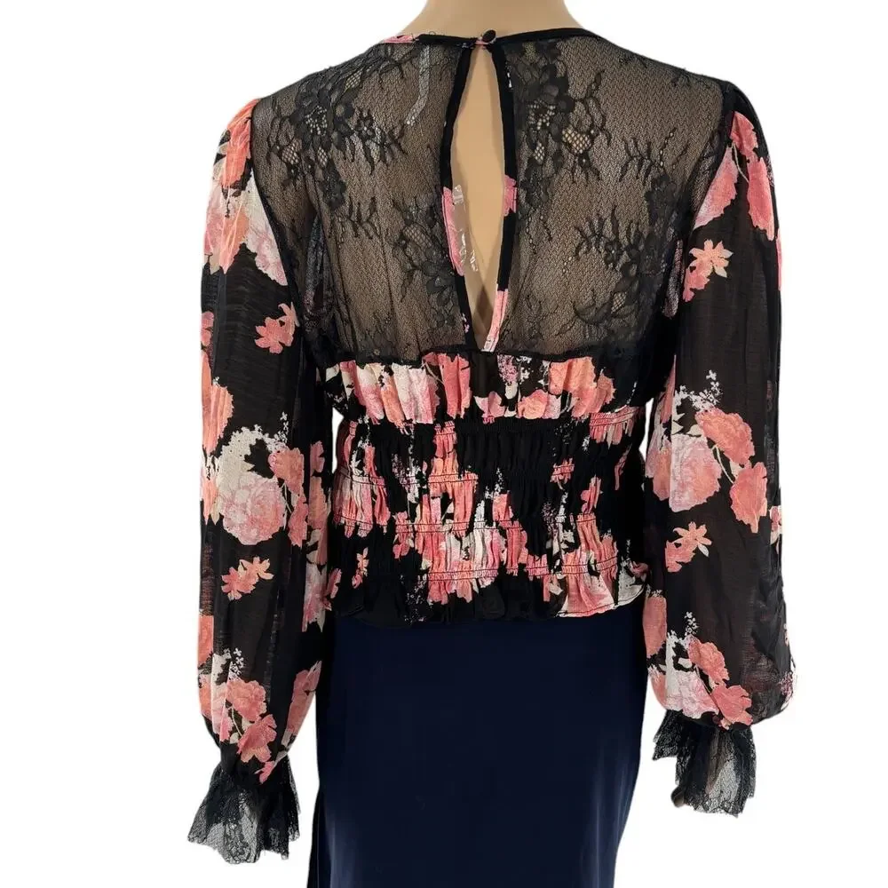 Free People Black Floral Midnight Combo Pink Daphne Blouse
